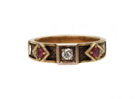 Antique diamond, ruby and hair memorial ring in yellow gold