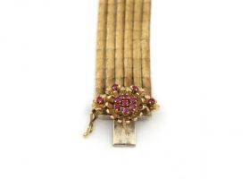 Retro ruby floral cluster and six strand frosted bracelet in 18kt gold