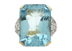 Retro aquamarine and diamond cocktail ring in platinum and gold