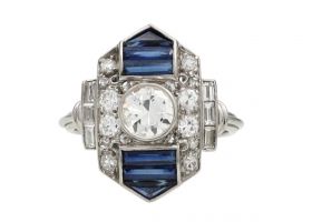 Art Deco diamond and sapphire hexagonal plaque ring in platinum
