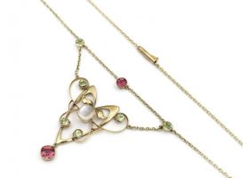 Antique moonstone, tourmaline and peridot Suffragette necklace in gold