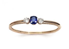 Antique sapphire and diamond three stone hinged bangle