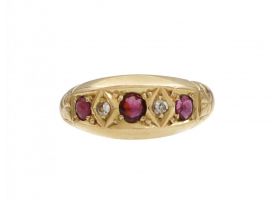 Victorian 18kt yellow gold diamond and ruby five stone ring
