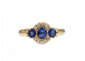 Edwardian sapphire and diamond three stone cluster ring in gold