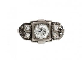 Art Deco diamond fancy flanked solitaire engagement ring