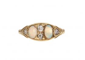 Victorian two stone opal and diamond navette cluster ring in gold