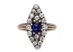 1890s sapphire and diamond navette cluster ring in silver on 18kt gold