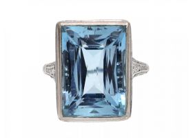 Antique aquamarine and diamond solitaire ring in platinum