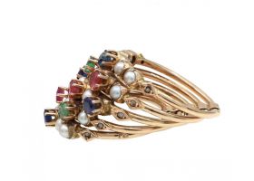 Vintage five strand ring set with pearls, emeralds, sapphires and rubies