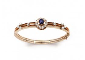 Antique sapphire, diamond and pearl hinged bangle in 18kt rose gold