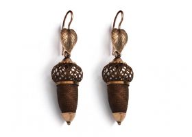 Rare Victorian acorn earrings with woven hair and rose gold