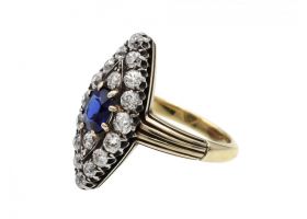 1890s sapphire and diamond navette cluster ring in silver on 18kt gold