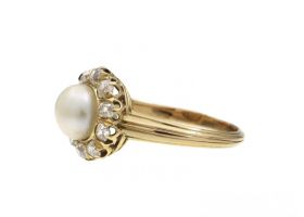Antique natural pearl and diamond circular cluster ring