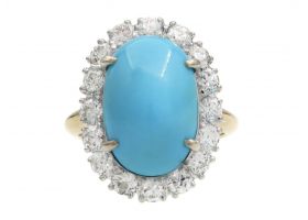 Vintage turquoise and diamond oval cluster ring in 18kt yellow gold