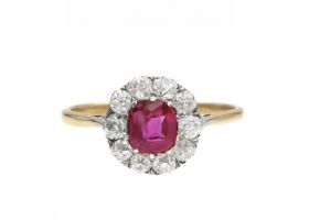 Edwardian ruby and diamond coronet cluster ring in gold