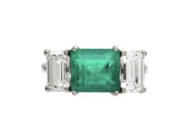 Vintage emerald and diamond three stone ring in 18kt white gold