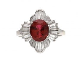 Retro ruby and diamond ballerina cluster ring in platinum