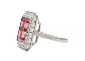 Vintage orangey pink tourmaline and diamond rectangular cluster ring