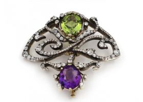Art Nouveau peridot, amethyst and diamond brooch in silver on gold