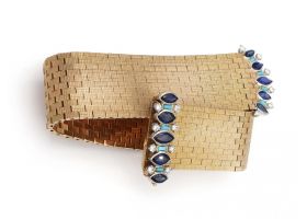 Vintage wide textured brick link belt bracelet with sapphire, diamond and turquoise