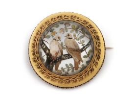 Antique Essex crystal turtle dove brooch in yellow gold