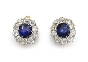 Edwardian sapphire and diamond coronet cluster earrings in platinum on gold