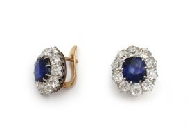 Edwardian sapphire and diamond coronet cluster earrings in platinum on gold