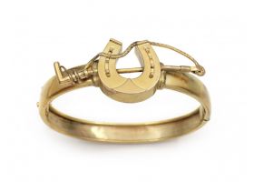 Victorian horse shoe and jockey crop hinged bangle in 15kt gold