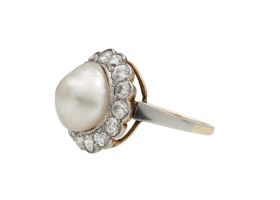 Antique natural pearl and diamond cluster ring in platinum and yellow gold