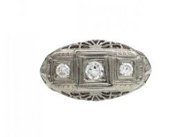 Art Deco style diamond three stone filigree ring in 14kt gold