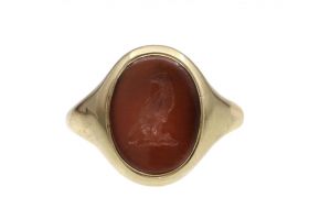 1920s oval carnelian hawk intaglio signet ring in gold