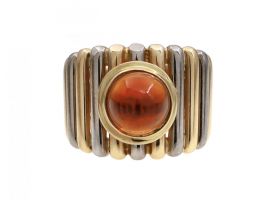 Vintage citrine cabochon and two tone linear 18kt gold ring