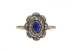 Edwardian sapphire and rose cut diamond double row cluster ring
