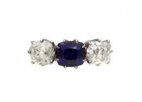Antique sapphire and Peruzzi cut diamond three stone ring