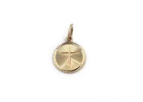 Vintage extra small circular disk pendant with cross in gold