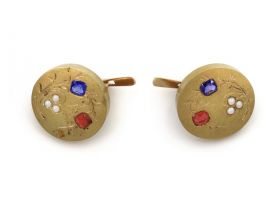 Antique synthetic sapphire, synthetic ruby and pearl circular disk earrings