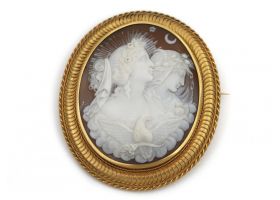 Victorian shell cameo brooch depicting the goddesses Tykhe and Nemesis