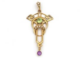 Antique suffragette peridot, pearl and amethyst pendant in gold