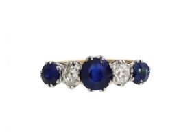 Edwardian sapphire and diamond five stone ring in 18kt yellow gold