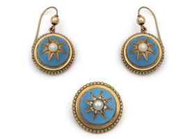 Victorian natural pearl, diamond and light blue enamel Demi-parure