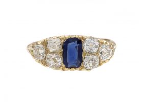 Victorian sapphire and diamond navette cluster carved ring