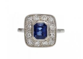 Art Deco sapphire and diamond square cluster ring in platinum