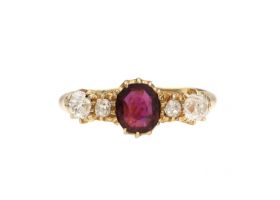 Antique ruby and diamond five stone ring in 18kt yellow gold