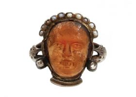 Antique carved hessonite garnet, seed pearl and diamond face ring