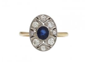 Art Deco sapphire and diamond fancy oval cluster ring