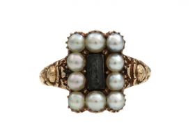 Georgian braided hair and natural pearl cluster mourning ring in yellow gold