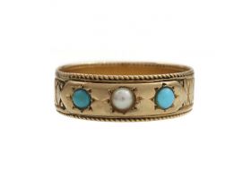 1920s pearl and turquoise cigar band ring in 18kt yellow gold
