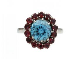 Vintage blue zircon and ruby target cluster ring