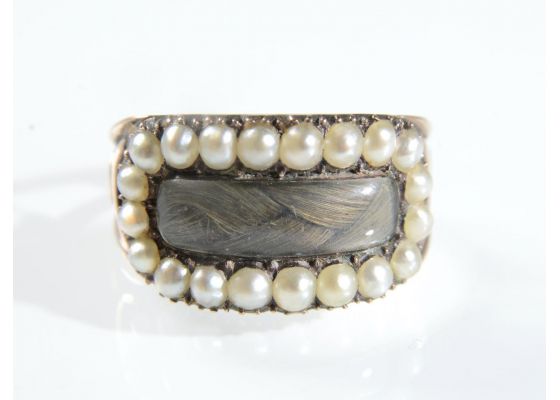 Late Georgian Natural Pearl & Hair Memorial Ring in Gold