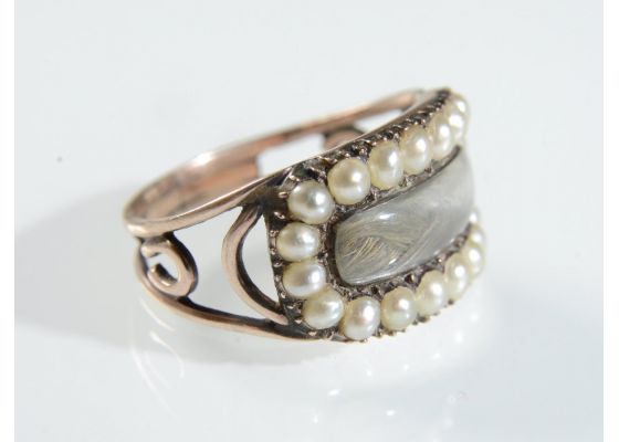 Late Georgian Natural Pearl & Hair Memorial Ring in Gold